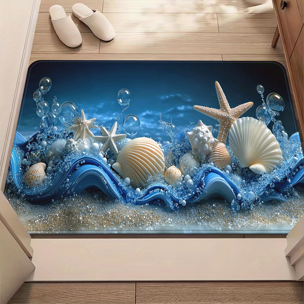 Home Textiles Rug - 3D Blue Waves Seashells Starfish Bubbles